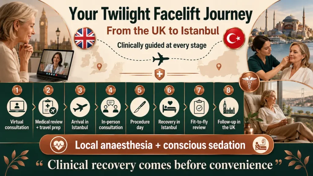 Twilight Facelift Medical Journey from the UK to Istanbul, showing consultation, travel, surgery, recovery, fit-to-fly review and follow-up.