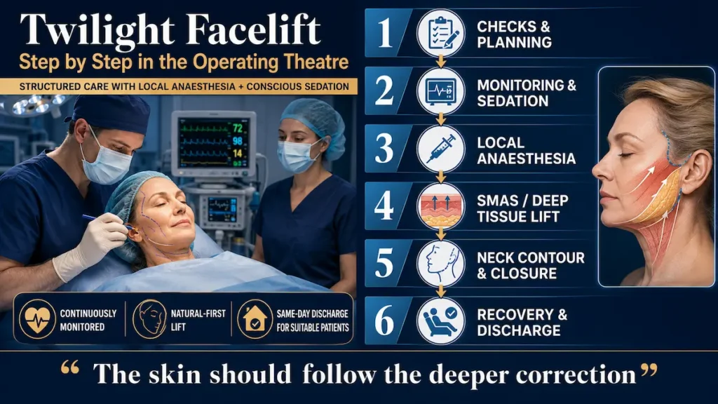 Twilight Facelift operating theatre infographic showing planning, monitoring, local anaesthesia, deep tissue lifting, closure and recovery.