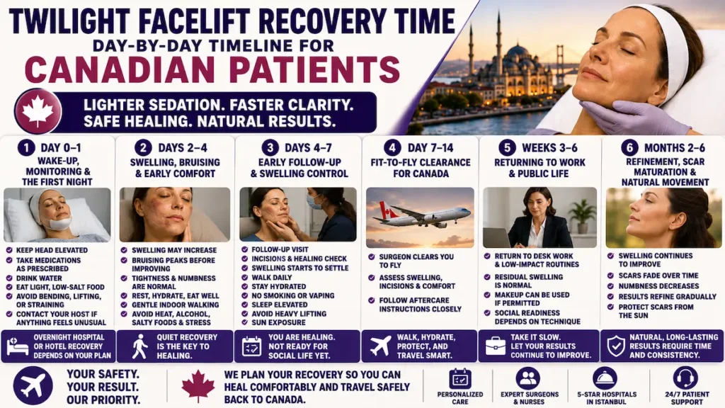 Twilight facelift recovery time day-by-day timeline for Canadian patients with fit-to-fly clearance and safe healing guidance.