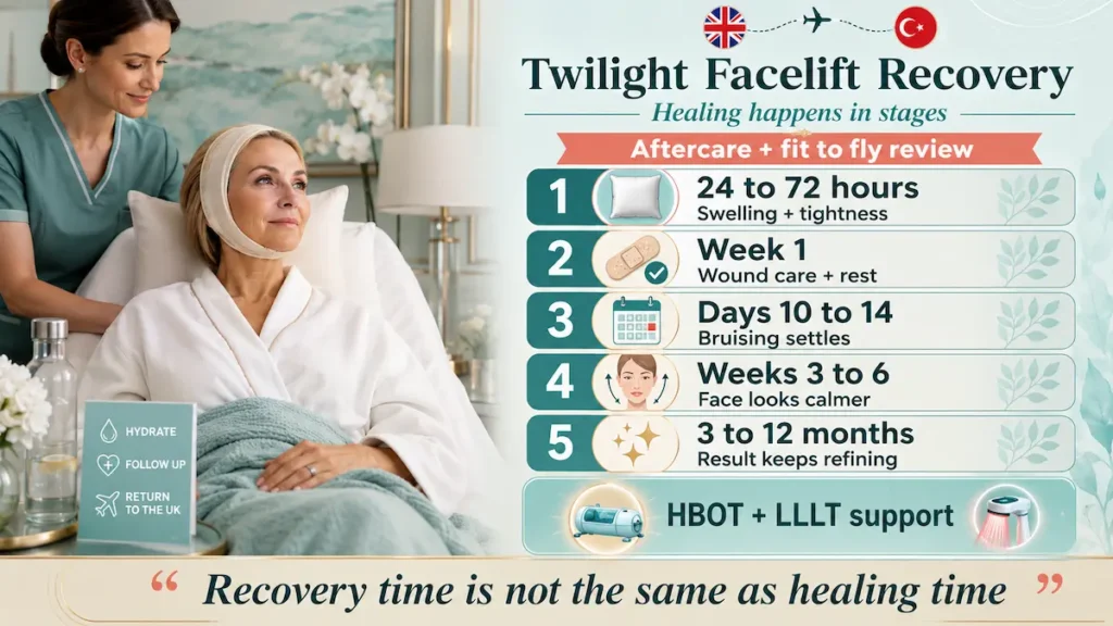 Twilight Facelift Recovery infographic showing healing stages, aftercare, fit-to-fly review, and optional HBOT and LLLT support.