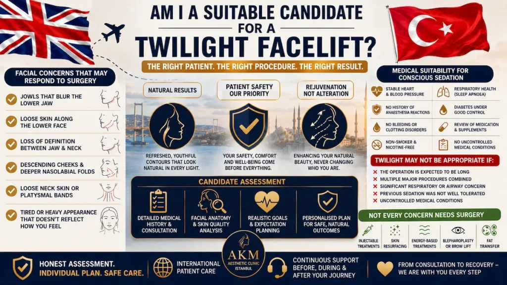 Twilight Facelift candidate infographic showing facial concerns, medical suitability, conscious sedation criteria and treatment alternatives.