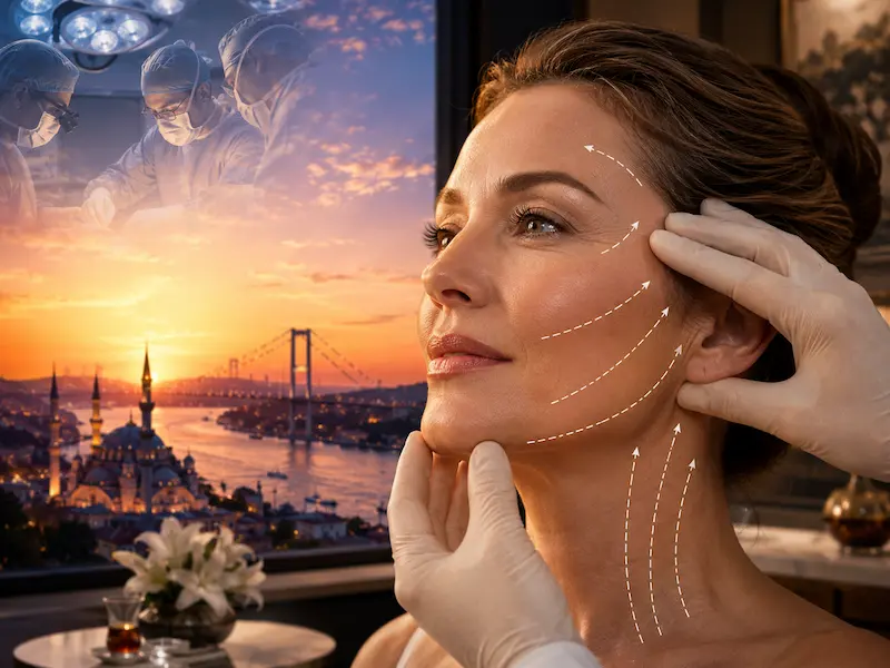 Twilight Facelift Surgery illustration showing facial lift vectors, jawline and neck rejuvenation with an Istanbul surgical setting.