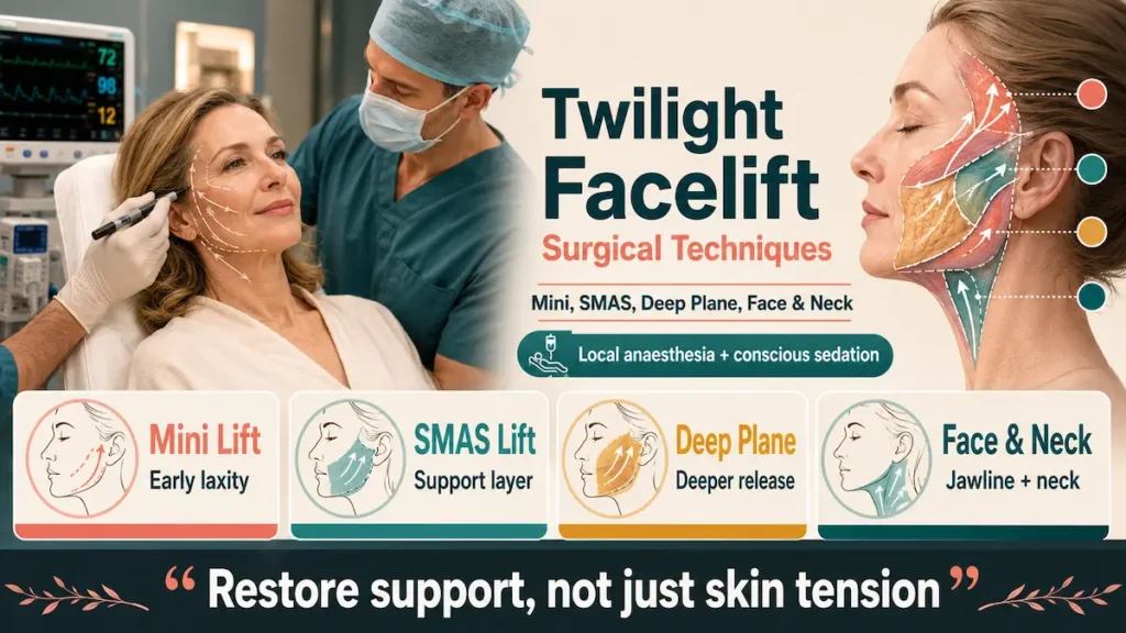 Twilight Facelift Surgical Techniques infographic comparing mini, SMAS, deep plane, and face and neck lift approaches under conscious sedation.