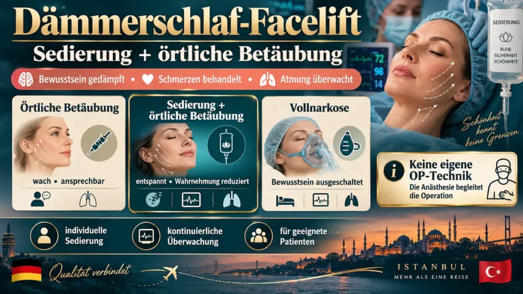 Dämmerschlaf-Facelift: Infografik zu örtlicher Betäubung, Sedierung und Vollnarkose mit Symbolen zur Überwachung.