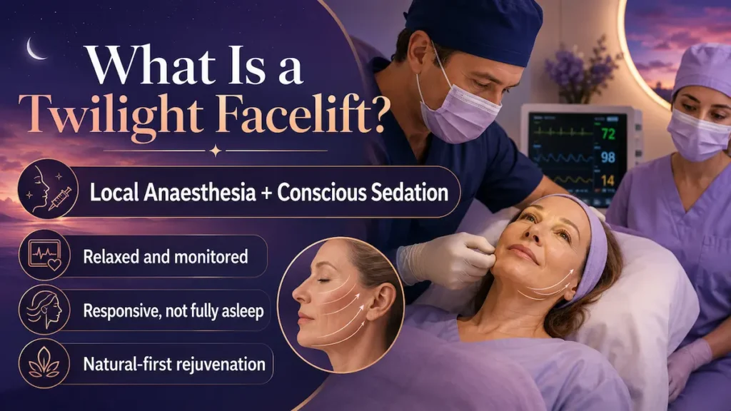 Twilight Facelift with local anaesthesia and conscious sedation, showing a relaxed patient monitored during facial rejuvenation at AKM Clinic.