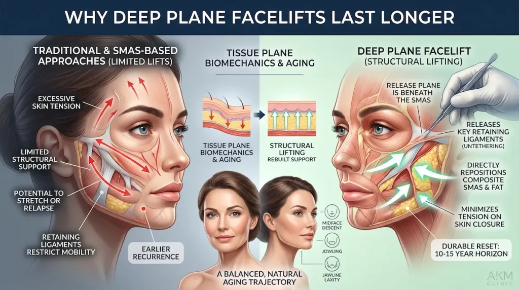 Anatomy illustration explaining how long does deep plane facelift last through deeper SMAS release and structural lifting.
