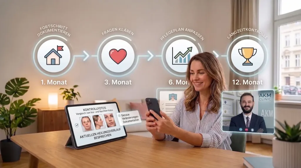 Patientin bei der nachsorge nach heimreise mit digitalen Kontrollen im 1., 3., 6. und 12. Monat sowie Fotodokumentation.