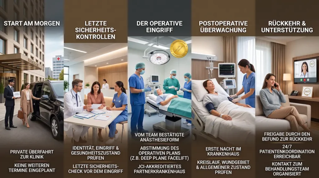 Deep Plane Facelift Ablauf Türkei: OP-Tag mit Kliniktransfer, Sicherheitskontrollen, Eingriff und postoperativer Überwachung.