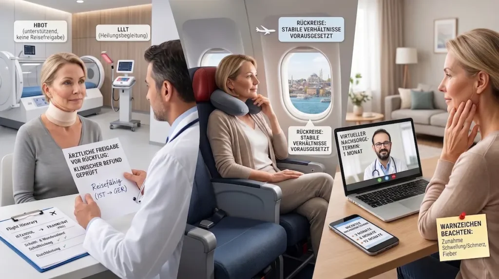 Deep Plane Facelift genesung HBOT LLLT: Ärztliche Reisefreigabe, Rückflug und virtuelle Nachsorge nach der Operation.