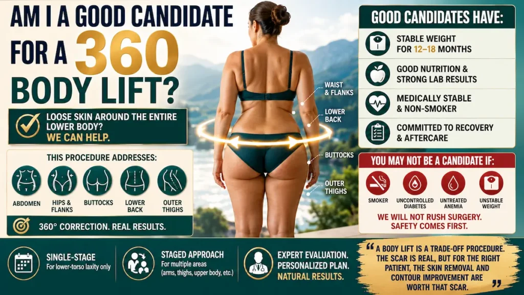 360 body lift candidate guide showing stable weight, good nutrition, medical readiness, and lower-body loose skin areas.