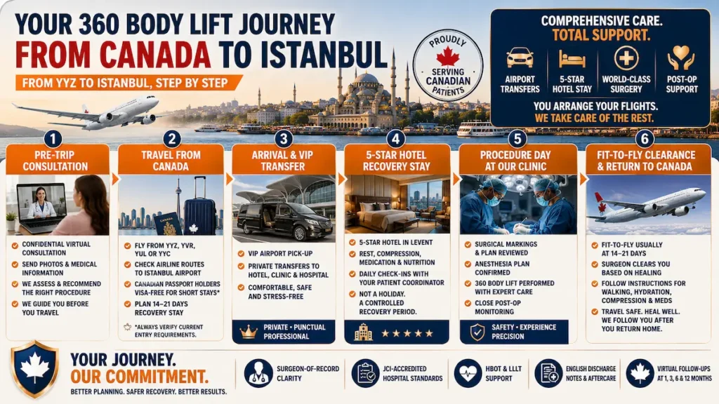 360 body lift journey from Canada to Istanbul showing consultation, travel, VIP transfer, hotel recovery, procedure day, and fit-to-fly clearance.