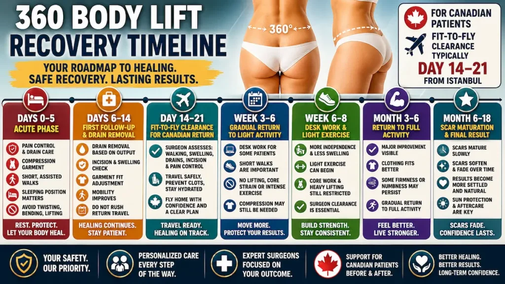 360 body lift recovery timeline showing healing stages from days 0–5 to months 6–18 for Canadian patients.