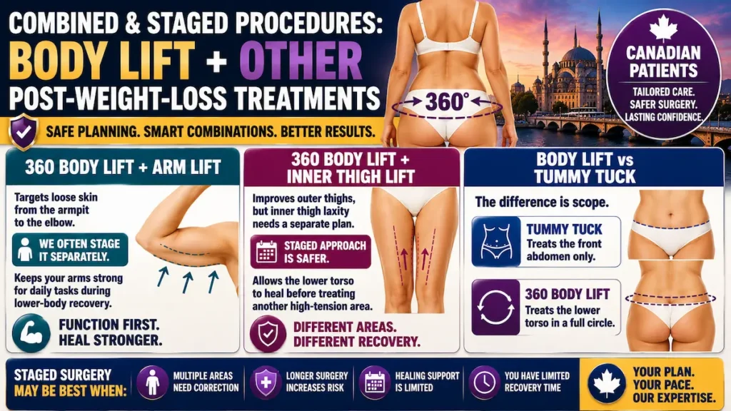 360 body lift staged procedures guide showing arm lift, inner thigh lift, tummy tuck comparison, and post-weight-loss treatment planning.
