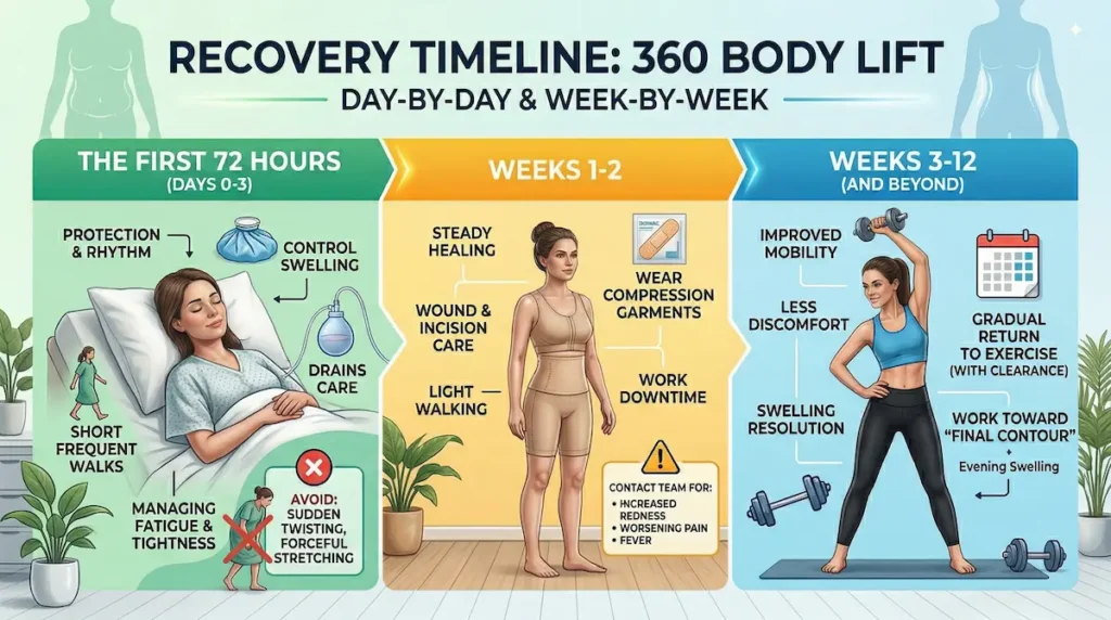 360 body lift recovery timeline infographic showing the first 72 hours, weeks 1–2, and weeks 3–12 with swelling control, incision care, compression garments, and return to exercise.