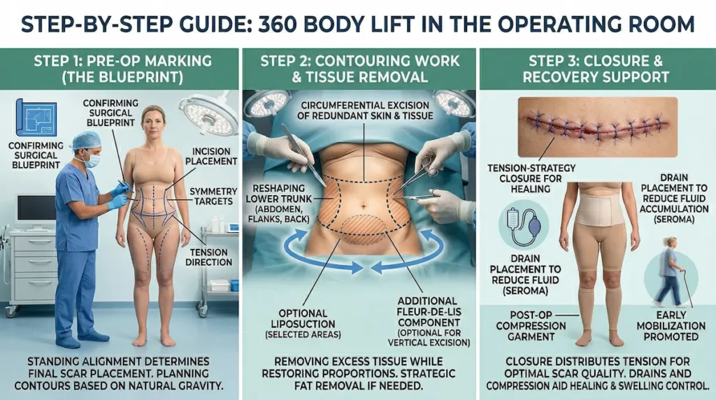 360 body lift step-by-step infographic showing pre-op marking, circumferential tissue removal, optional liposuction, incision closure, drains, and compression garment support.