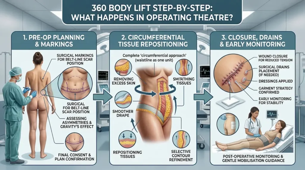 360 Body Lift step-by-step infographic showing pre-op markings, circumferential tissue repositioning, and closure with drains and monitoring.