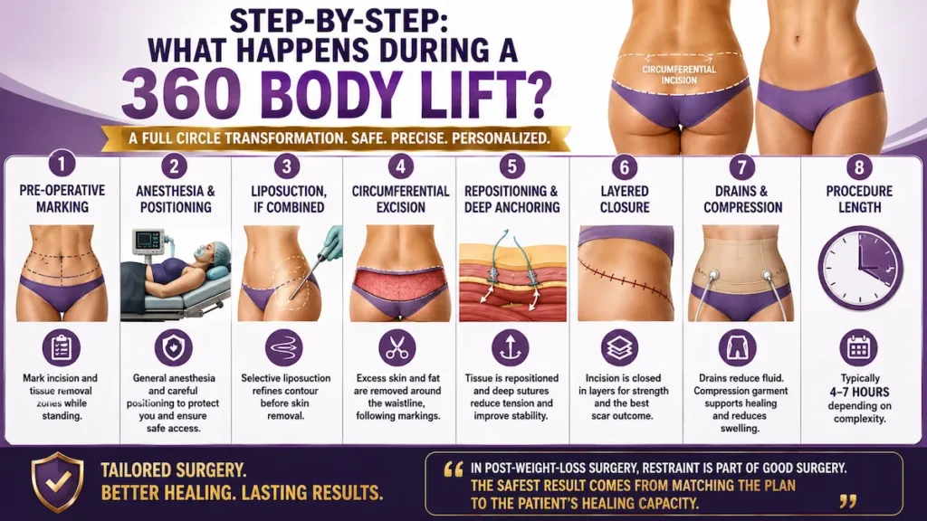 360 body lift surgery steps showing pre-operative marking, anesthesia, liposuction, circumferential excision, closure, drains, and compression.