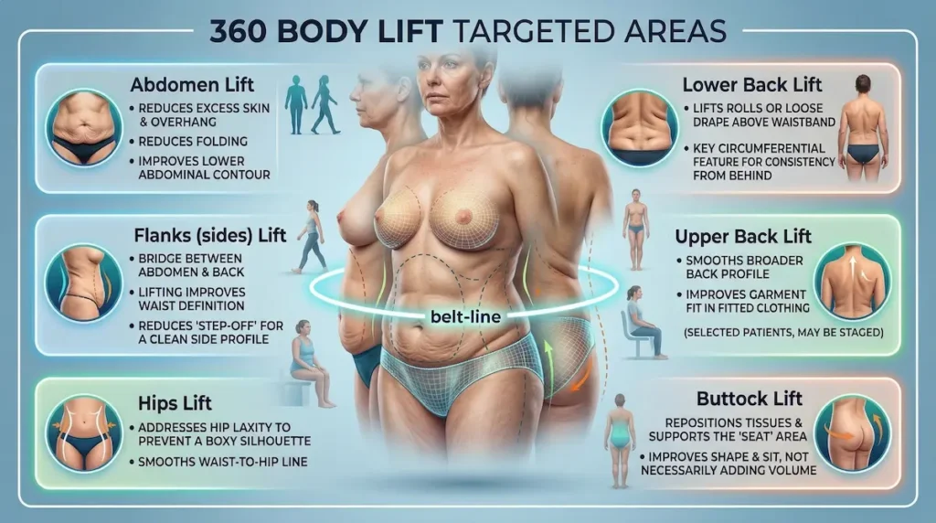 360 Body Lift Surgery targeted areas diagram highlighting abdomen, flanks, hips, lower back, upper back and buttock lift zones.