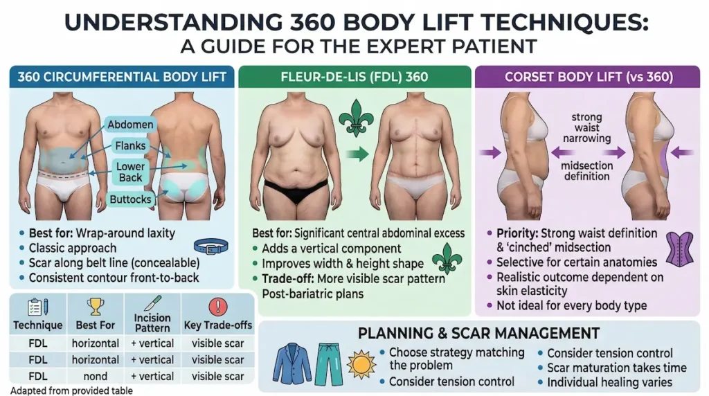 360 Body Lift Surgery Techniques infographic comparing circumferential, Fleur-de-Lis (FDL) 360 and corset approaches with incision patterns.