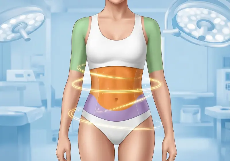 360 Body Lift Surgery illustration highlighting abdomen, flanks and hips with a 360° waistline contour ring.