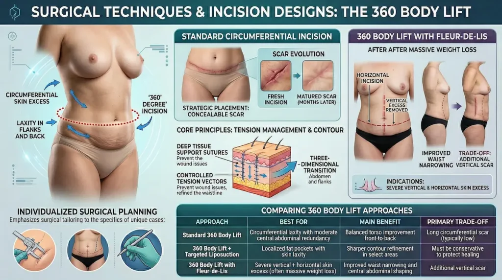 360 body lift surgical techniques infographic showing standard circumferential incision design, fleur-de-lis option, scar evolution, and tension management principles.