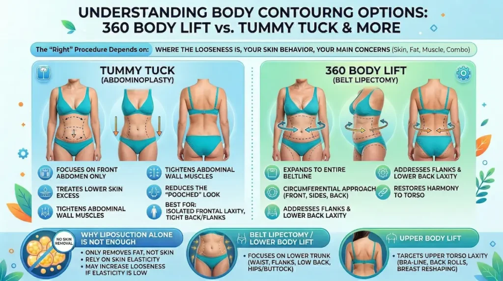 360 body lift comparison infographic showing 360 body lift vs tummy tuck (abdominoplasty) and other body contouring options by treatment area and goals.