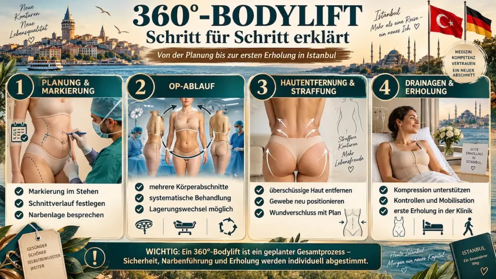 360°-Bodylift Ablauf Schritt für Schritt: Infografik zu Planung, Markierung, Hautstraffung, Wundverschluss, Drainagen und erster Erholung.