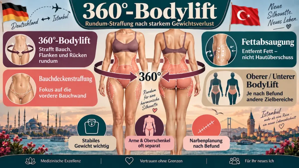 360°-Bodylift als Infografik: Straffung von Bauch, Flanken und Rücken nach starkem Gewichtsverlust im Vergleich zu anderen Verfahren.