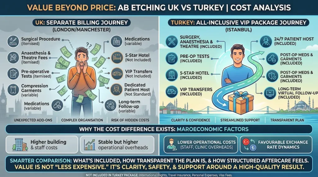 Abdominal Etching cost comparison infographic showing Turkey vs UK pricing structure, all-inclusive VIP package vs separate billing.