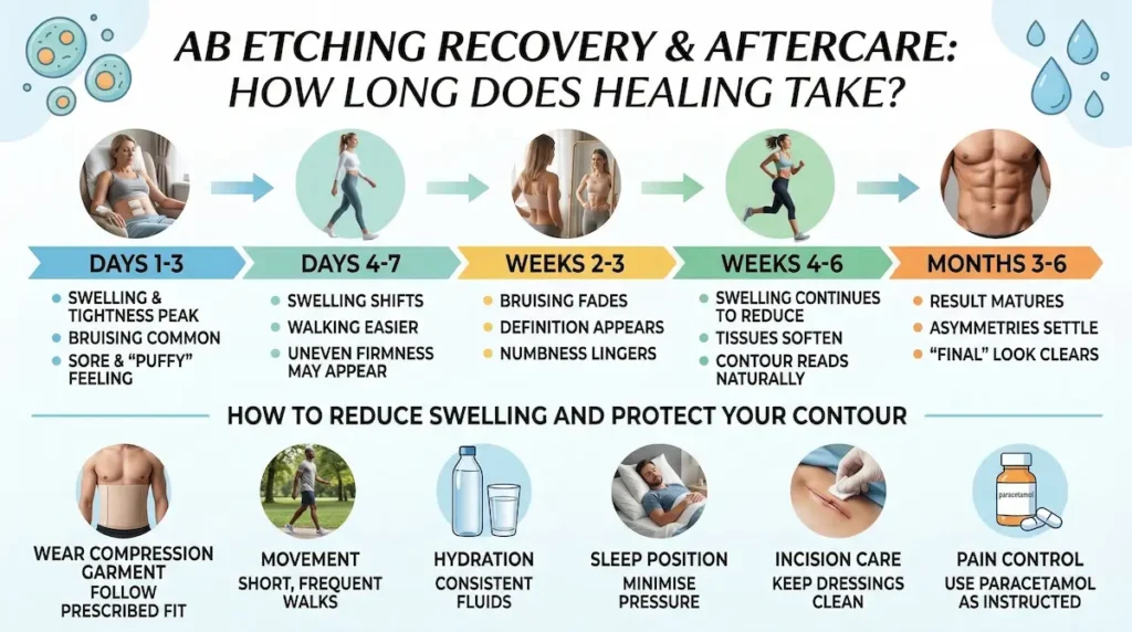 Abdominal Etching recovery timeline infographic showing healing stages, swelling reduction tips, compression garment use, and aftercare steps.