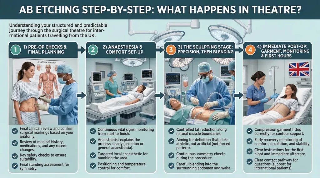 Abdominal Etching step-by-step infographic showing pre-op checks, anaesthesia set-up, precision sculpting, and immediate post-op care.
