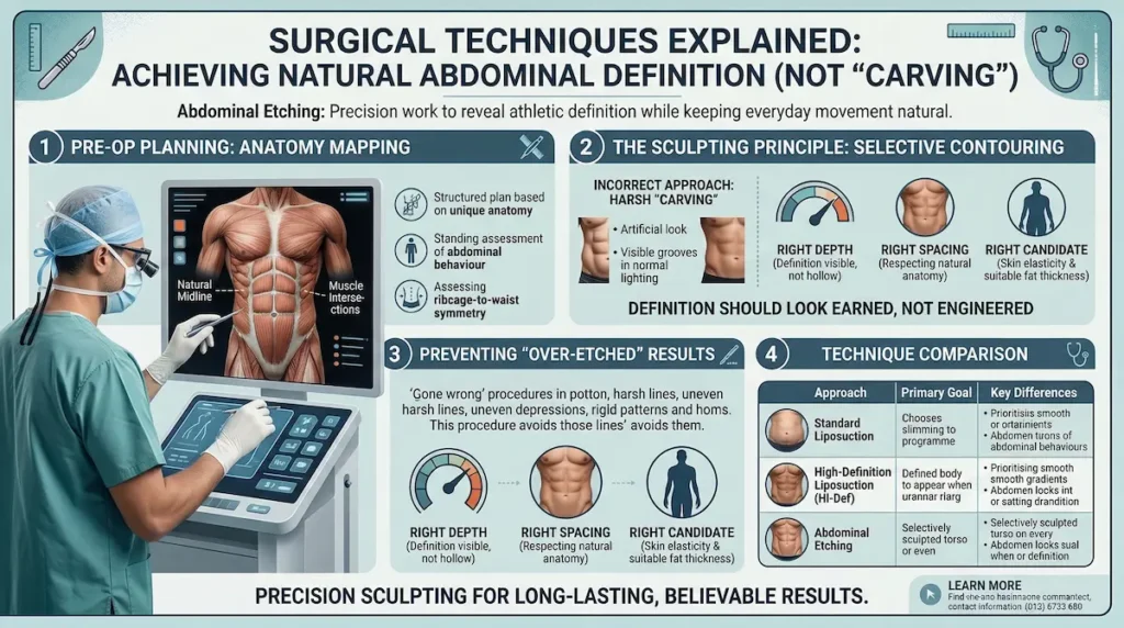 Abdominal Etching infographic explaining ab etching surgical techniques, anatomy mapping, selective contouring, and technique comparison.