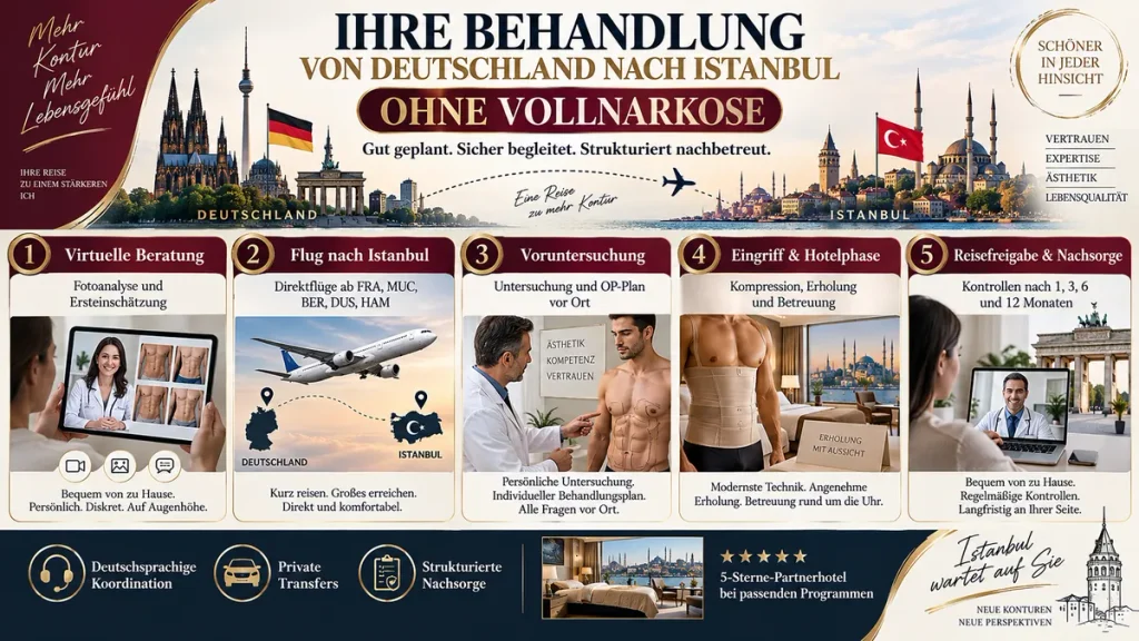Abdominal Etching ohne Vollnarkose: Ablauf von der Beratung in Deutschland bis zur Behandlung und Nachsorge in Istanbul.