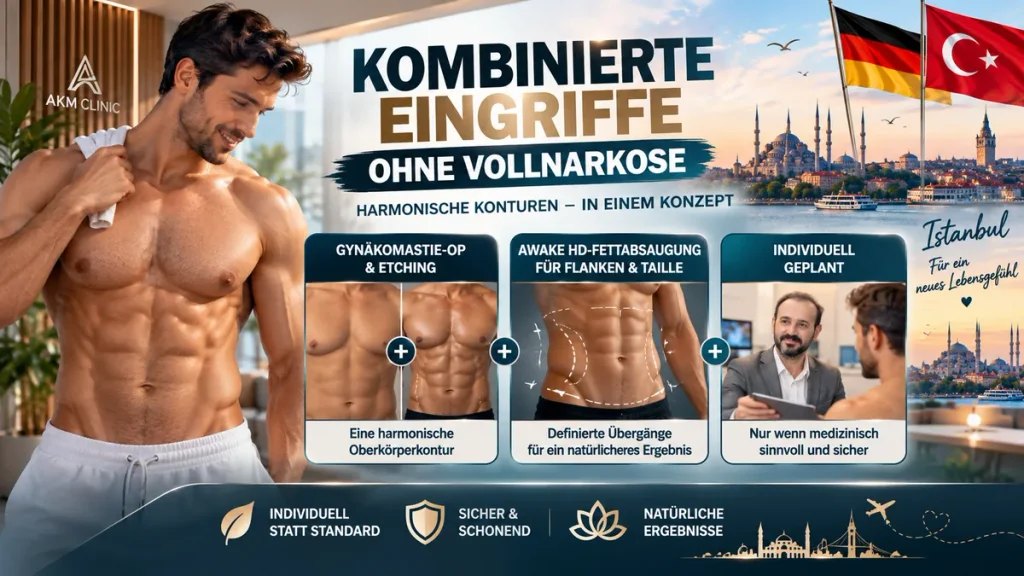Abdominal Etching ohne Vollnarkose kombiniert mit Gynäkomastie-OP oder HD-Fettabsaugung für Flanken und Taille.