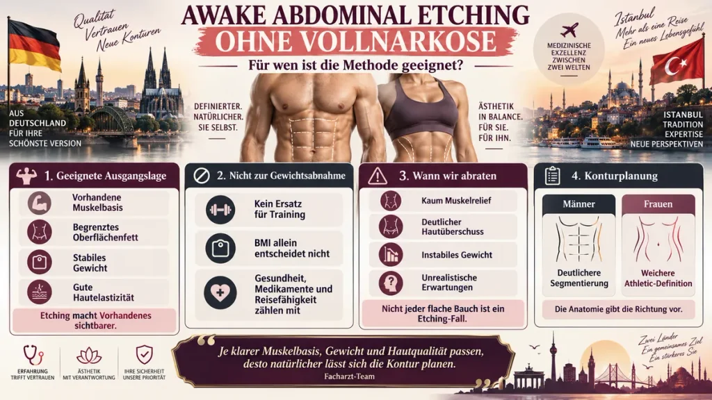 Abdominal Etching ohne Vollnarkose: Infografik zu Muskelbasis, Hautqualität, Gewichtsstabilität und Eignung.