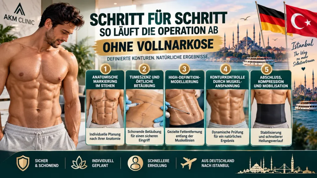 Abdominal Etching ohne Vollnarkose: fünf Schritte von der anatomischen Markierung bis zu Kompression und Mobilisation.