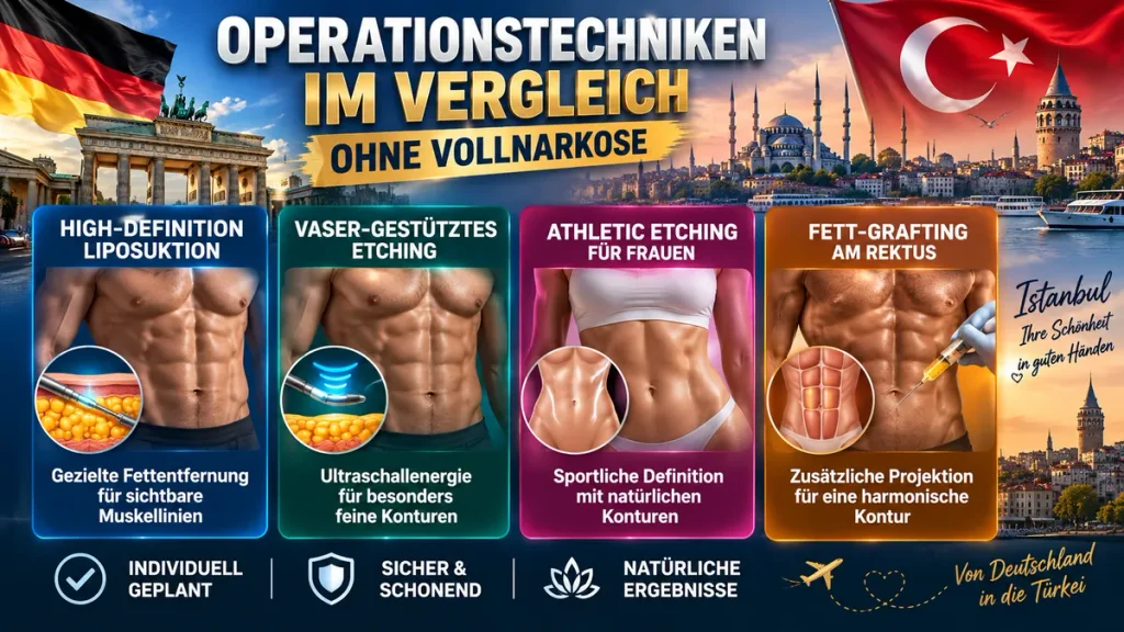Abdominal Etching ohne Vollnarkose: Vergleich von High-Definition-Liposuktion, VASER, Athletic Etching und Fett-Grafting.
