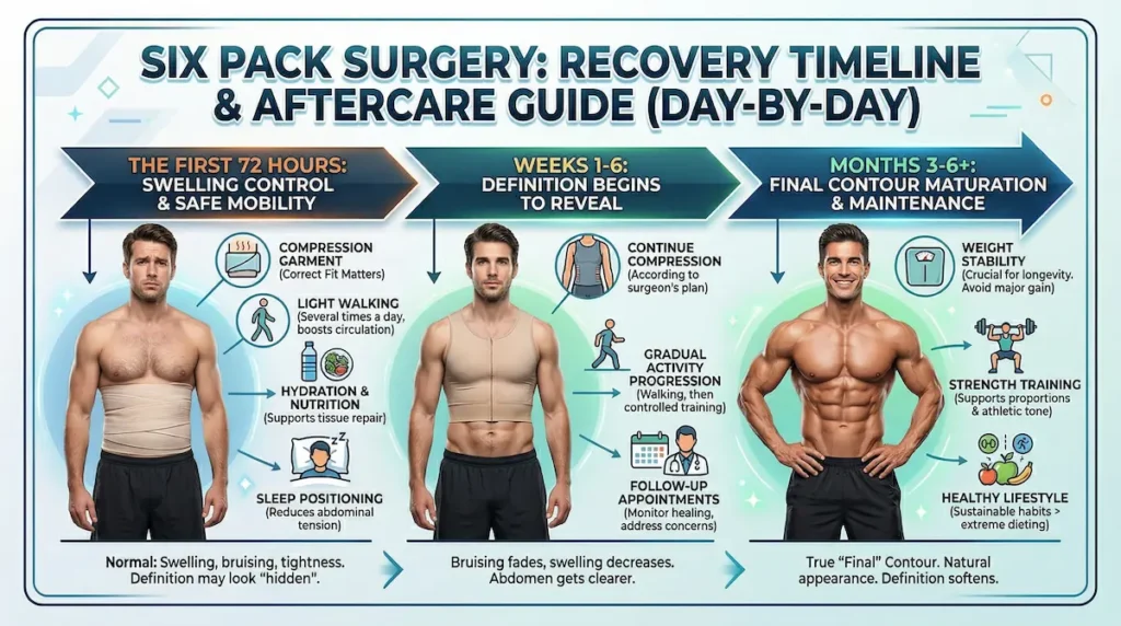 Ab Etching recovery timeline infographic showing abdominal etching aftercare by days, compression garment, walking, follow-ups, and maintenance.