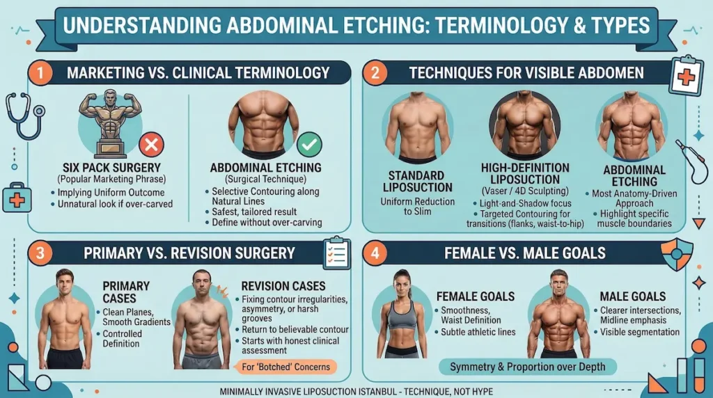 Abdominal Etching terminology infographic comparing six pack surgery, standard liposuction, Hi-Def liposuction, and revision options.