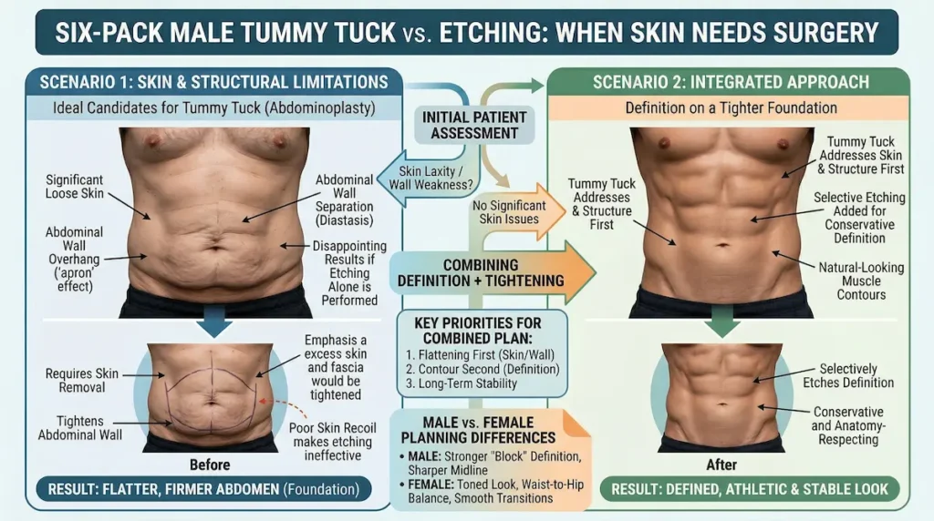 Six pack surgery infographic comparing abdominal etching vs tummy tuck for men, showing when loose skin and diastasis require surgery.