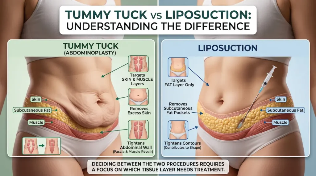 Tummy tuck vs liposuction anatomical comparison showing skin, subcutaneous fat, muscle, and abdominal muscle repair layers.