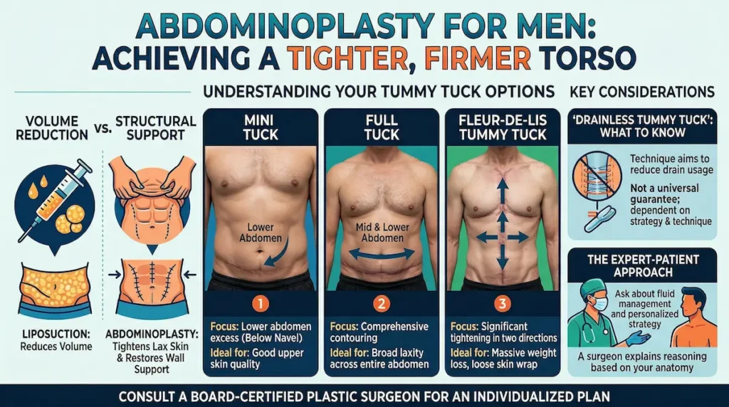 Daddy makeover infographic on abdominoplasty for men comparing mini, full, and fleur-de-lis tummy tuck options.