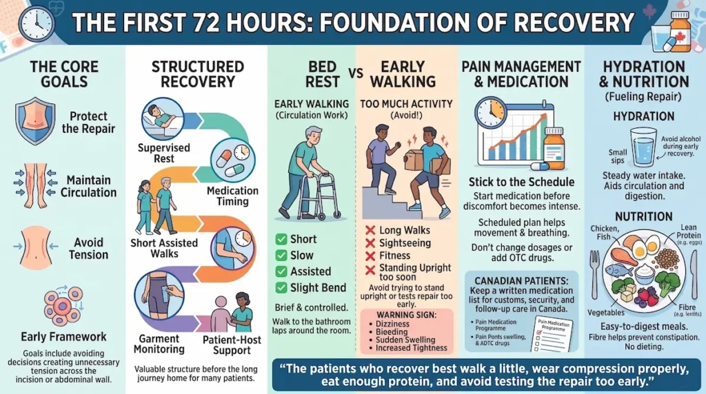 Tummy tuck recovery tips infographic showing the first 72 hours of recovery, including walking, rest, pain management, hydration, and nutrition.