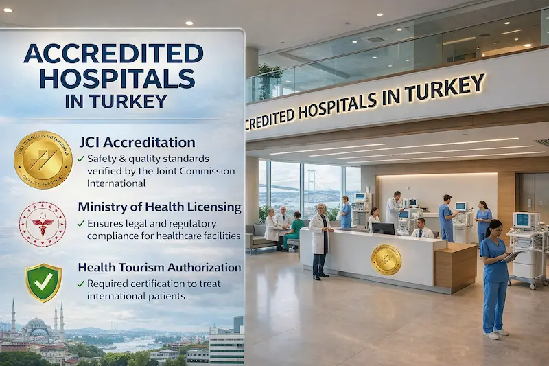Accredited and Licensed Hospitals Turkey infographic showing JCI accreditation, MoH licensing, and health tourism authorization