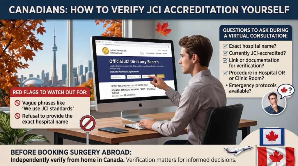 JCI accreditation hospital safety verification showing a Canadian patient checking the official directory before booking surgery abroad.