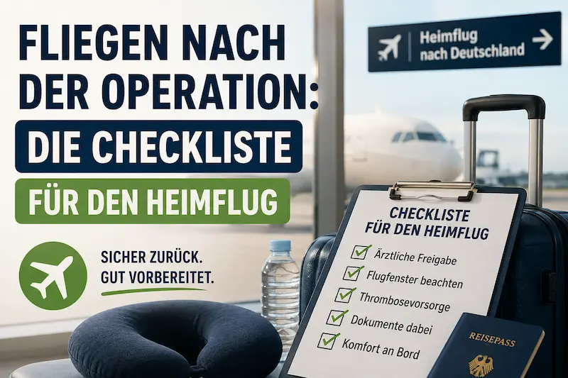 Fliegen nach Operation: Checkliste zu ärztlicher Freigabe, Flugfenster, Thrombosevorsorge und Heimflug nach Deutschland.