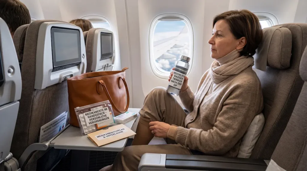 Fliegen nach Facelift: Patientin im Flugzeug mit Wasser, Medikamenten im Handgepäck und vorbereiteten Reiseunterlagen.