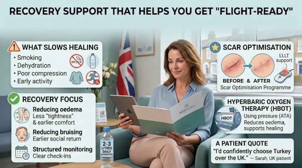 Aftercare After Surgery Abroad recovery support graphic with HBOT, LLLT scar optimisation, hydration in litres and oedema focus.