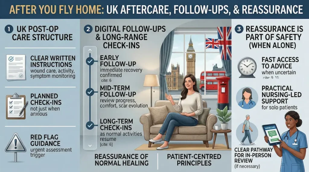 Travelling Solo for Surgery infographic explaining UK aftercare, digital follow-ups, red flag guidance, and reassurance support after returning home from Istanbul.