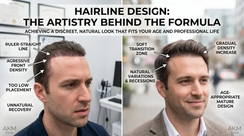 Comparison image showing natural hairline design with soft transition, density increase and age appropriate placement.